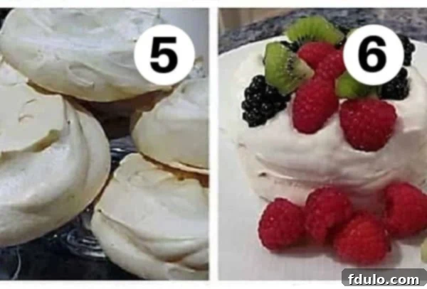 Mini Pavlova process shots numbered 5,6. Depicts freshly baked pavlovas cooling and then being garnished with whipped cream and berries.