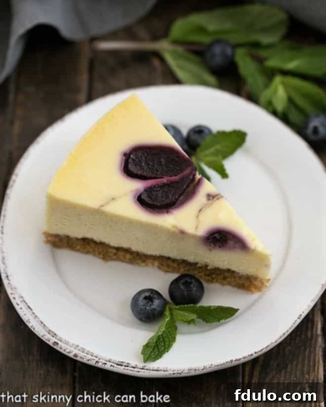 A stunning Blueberry Swirl Cheesecake, freshly baked and ready to be chilled, showcasing its beautiful purple swirls against a creamy white base.