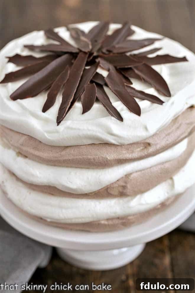 Close-up view of a slice of layered chocolate meringue cake, showing the crisp exterior and creamy filling.