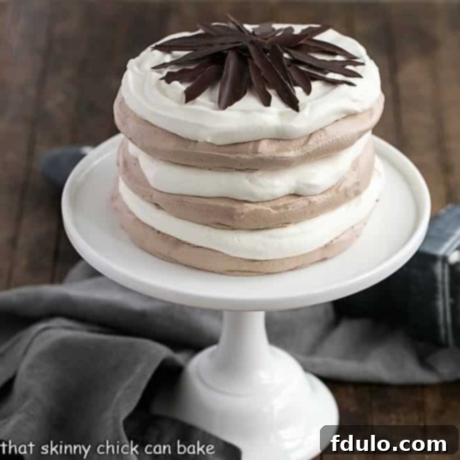 Layered Chocolate Meringue Cake on a white ceramic cake plate, garnished with chocolate shards