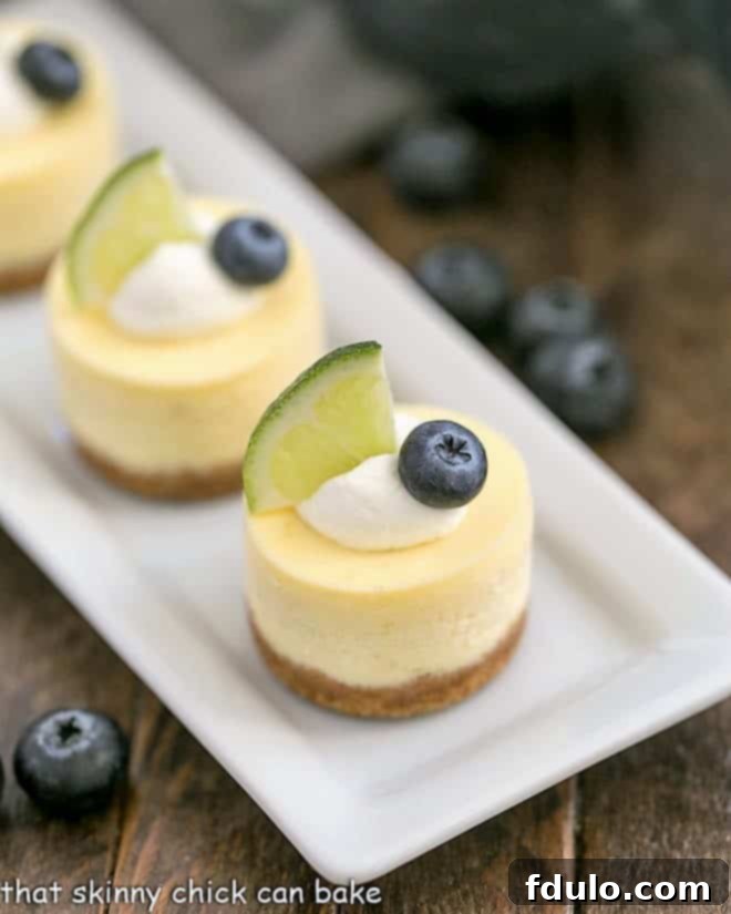 Mini Margarita Cheesecakes topped with cream, a lime slice and a blueberry on a white tray, ready to serve.