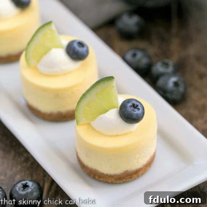 Mini Margarita Cheesecakes on a white tray, perfectly baked and ready for garnishing.