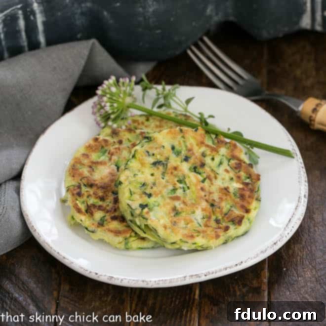 Crispy zucchini fritters on a clean white round plate, elegantly garnished with fresh herbs, ready to be served as an appetizer.