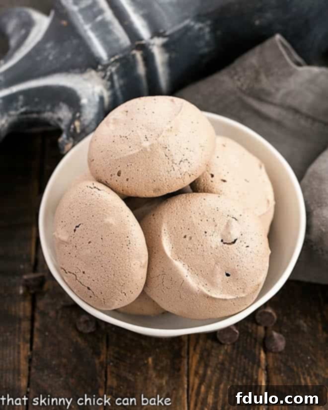 Chocolate Egg White Cookies - Crisp exteriors with chewy, chocolate centers A bowl filled with dozens of homemade Chocolate Chip Meringues, showcasing their rustic yet elegant appearance.