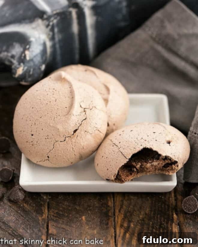 Chocolate Chip Meringues - Crisp exteriors with chewy, chocolate centers! They practically melt in your mouth! Three decadent chocolate meringues, two whole and one with a perfect bite taken out, revealing its soft, chewy center.