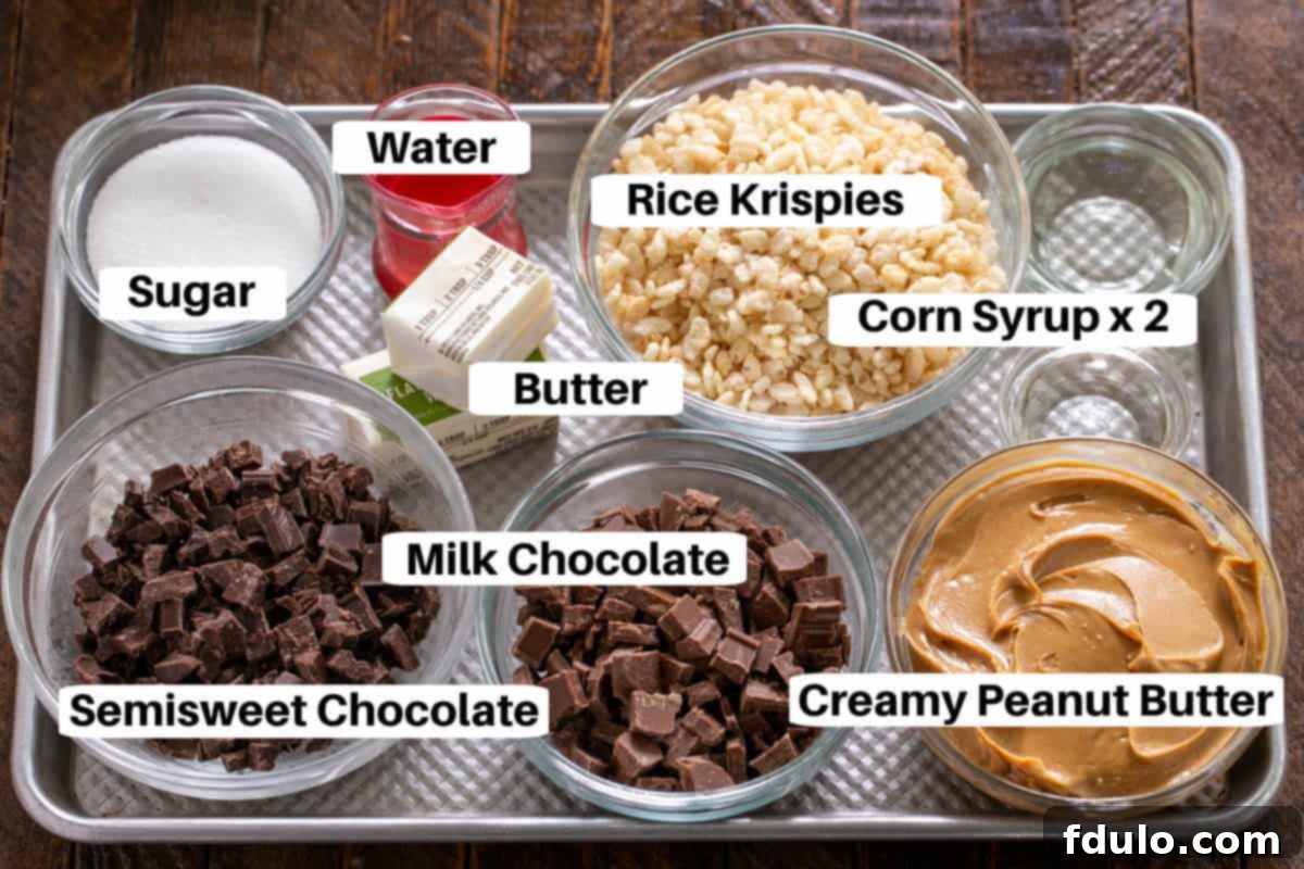 Peanut Butter Chocolate Krispie Dream Bars 2 A collection of ingredients for Peanut Butter Rice Krispie Treats, neatly arranged with labels on a metal sheet pan.