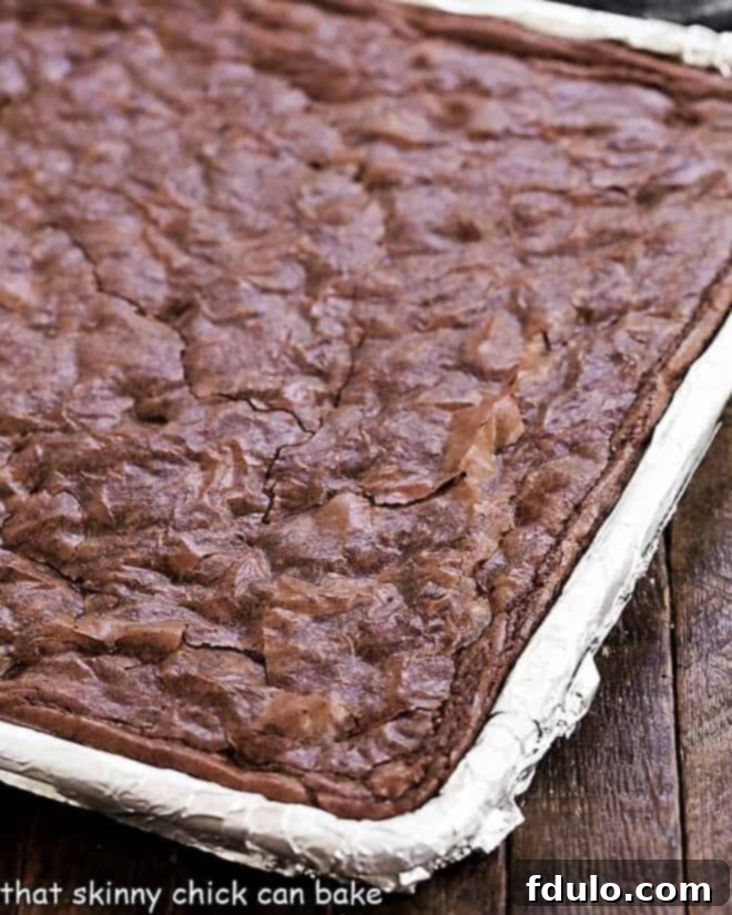 Sheet Pan Brownies in a baking sheet lined with non-stick foil, ready to be cut.