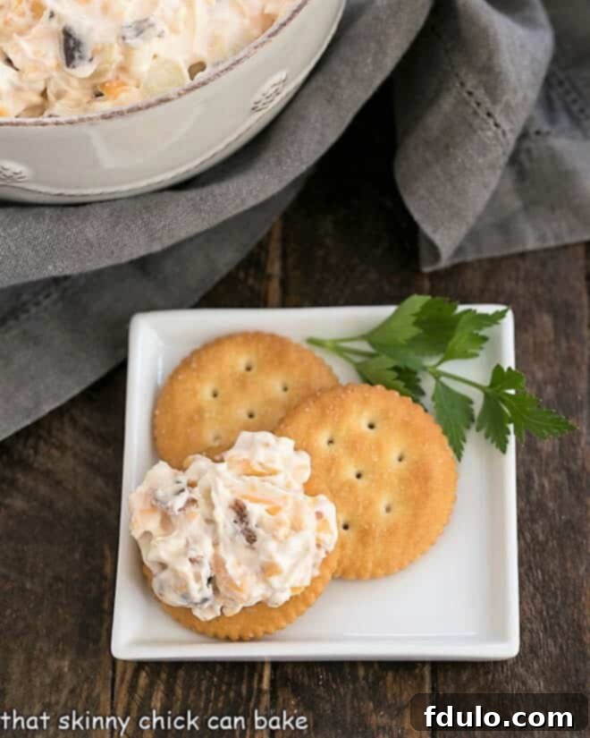 A close-up of Bacon Cheddar Dip on a single buttery cracker, showcasing its creamy texture and bacon pieces.