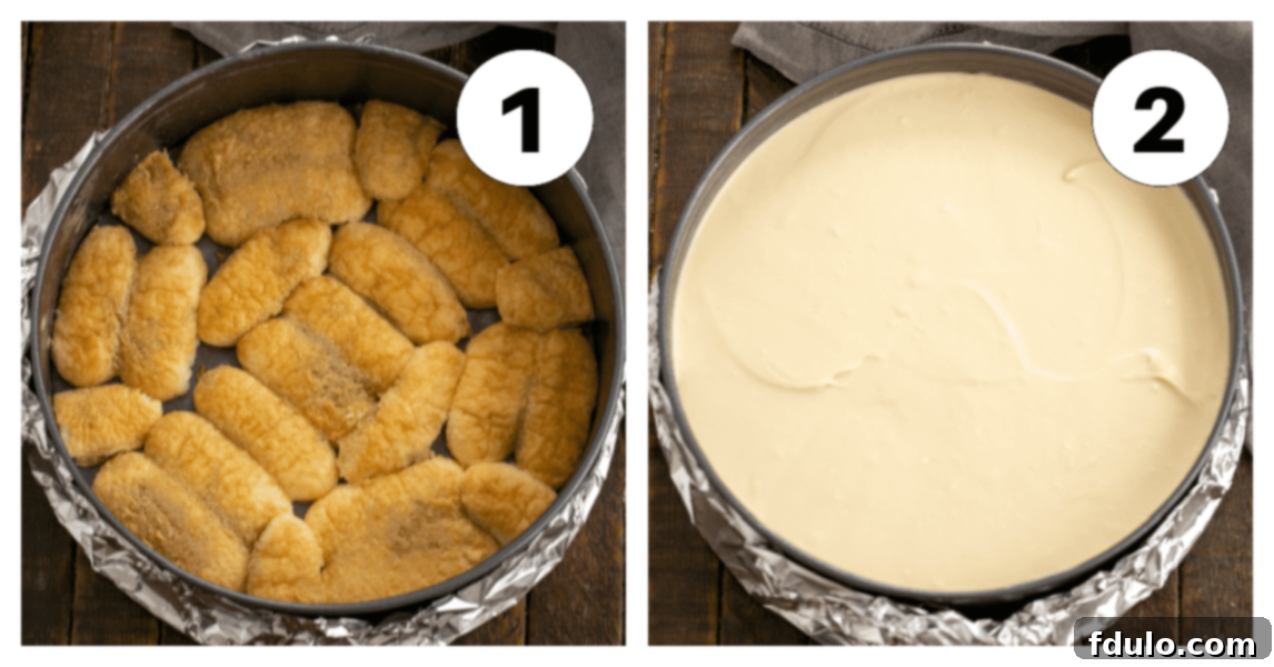Two process shots showing the arrangement of coffee-soaked ladyfingers in a springform pan and the pouring of cheesecake batter over them.