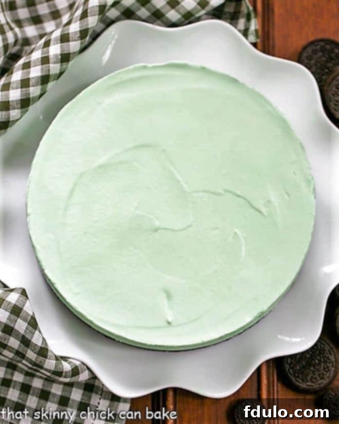 Whole Frozen Grasshopper Pie with an Oreo Crust on a white ceramic serving platter, garnished with a few mint leaves.