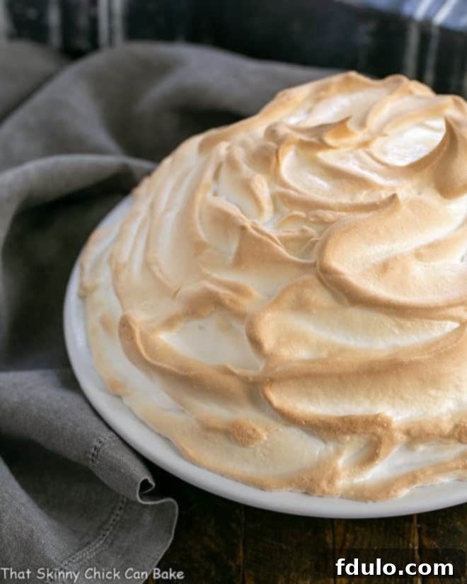 Side view of Brownie Baked Alaska in a white pie plate, showcasing its layers.