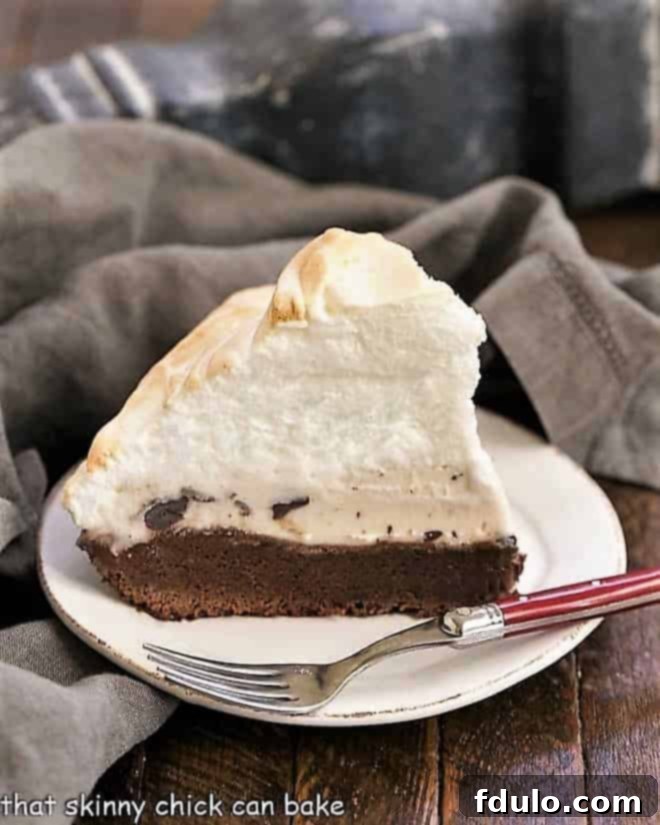 A perfectly sliced piece of Brownie Baked Alaska on a white dessert plate, showing all its delicious layers.
