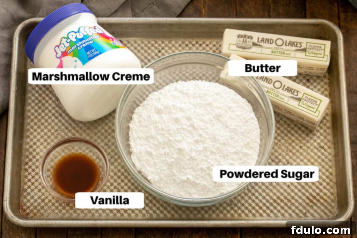 Classic Whoopie Pies with Marshmallow Cream Filling 3 Various whoopie pie filling ingredients laid out on a baking sheet, ready for preparation.