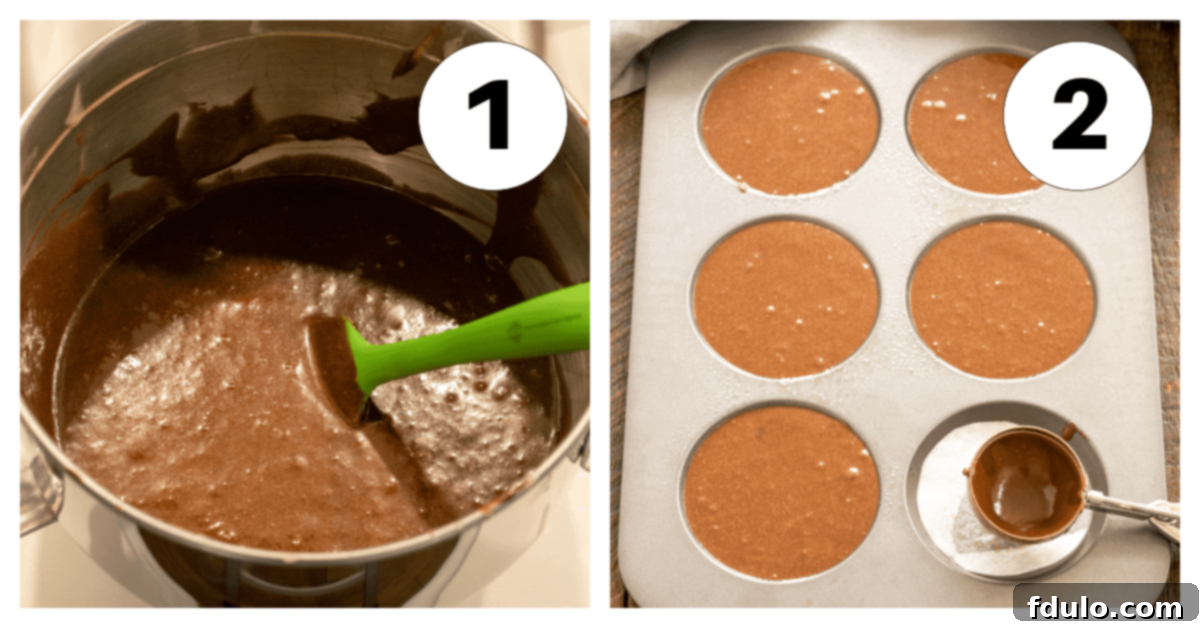 Classic Whoopie Pies with Marshmallow Cream Filling 4 Whoopie pie process shots showing batter being mixed and scooped into pans.