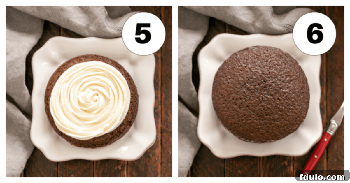 Classic Whoopie Pies with Marshmallow Cream Filling 6 Whoopie pie process shots showing filling being piped and whoopie pies assembled.