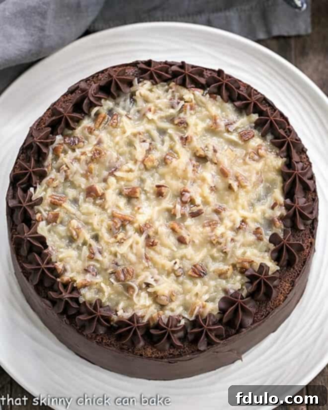 Overhead view of a perfectly baked and decorated Classic German Chocolate Cake, showcasing its rich texture and topping.
