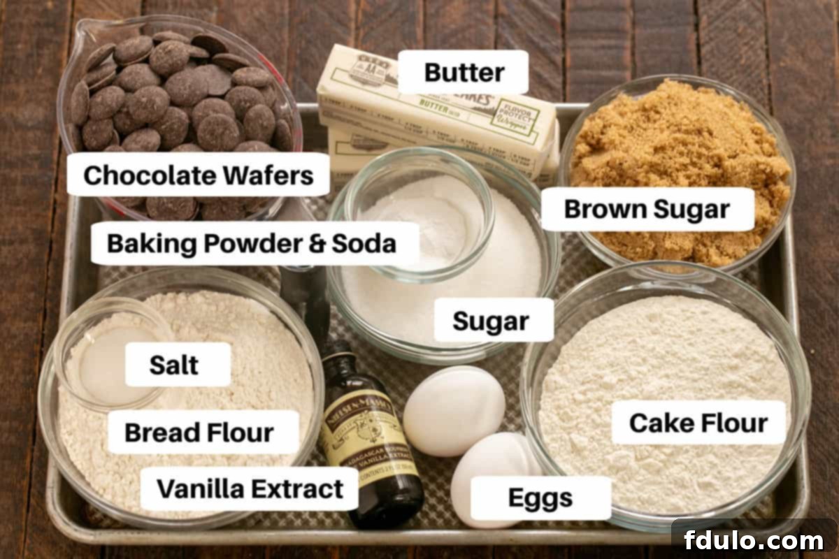 NYT Choc chip cookie ingredients with labels on a metal sheet pan, neatly arranged for clarity.