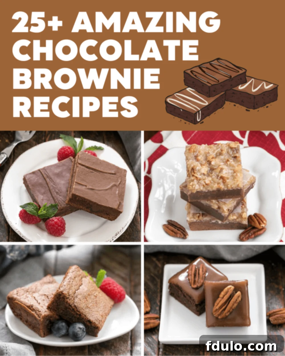 A collage of various brownie recipes, showcasing different textures and toppings, with a title box.