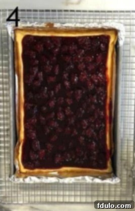 Blackberry topping added to cheesecake layer.