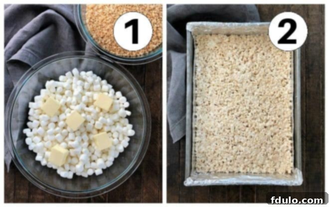 Two numbered process shots illustrating the initial steps of making cookie dough rice krispie treats: melting marshmallows and butter, then mixing with cereal.