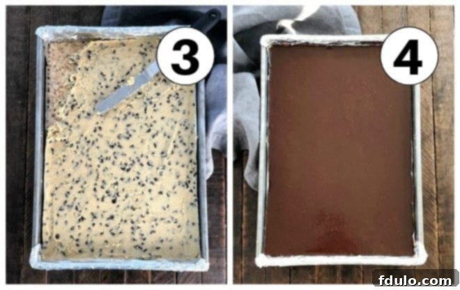 Two numbered process shots showing the completion of cookie dough rice krispie treats: spreading cookie dough, then pouring chocolate ganache.
