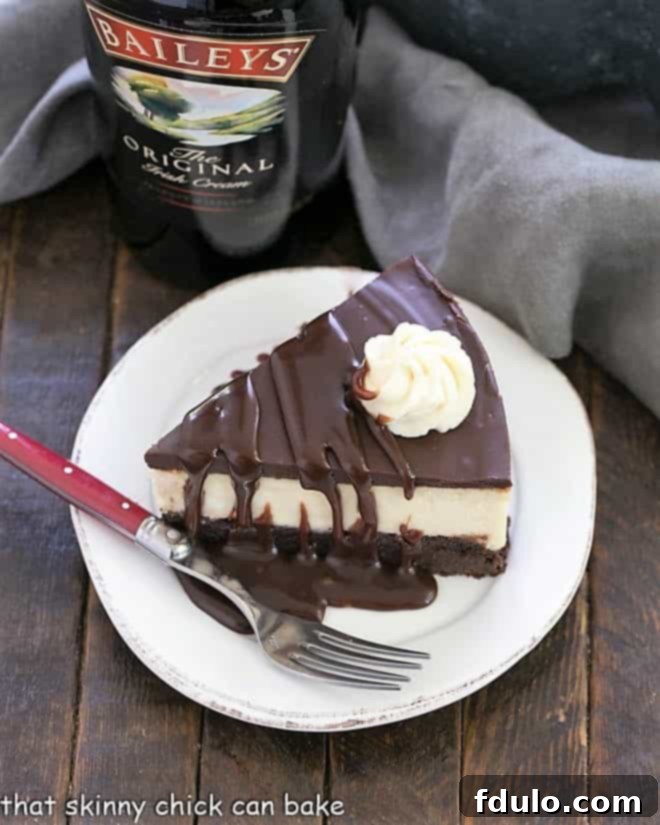 Overhead view of a slice of brownie cheesecake garnished with whipped cream and fudge sauce, showcasing the rich texture.