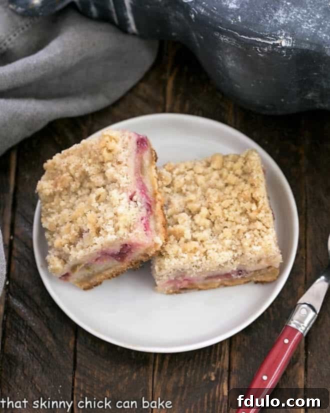 Two perfectly sliced Streusel Topped Rhubarb Bars artfully arranged on a round white plate.
