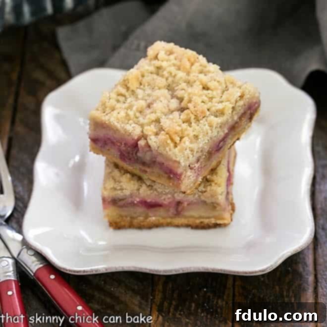 A stack of two Streusel Topped Rhubarb Bars, showcasing the distinct layers of crust, filling, and crumbly topping on a white plate.