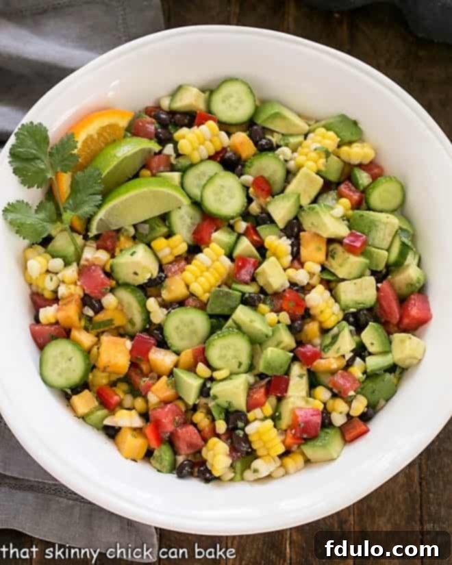Southwest Fiesta Salad 5 Overhead view of a vibrant and healthy Southwest Chopped Salad with black beans, corn, and avocado in a large serving bowl, presented beautifully for a meal.