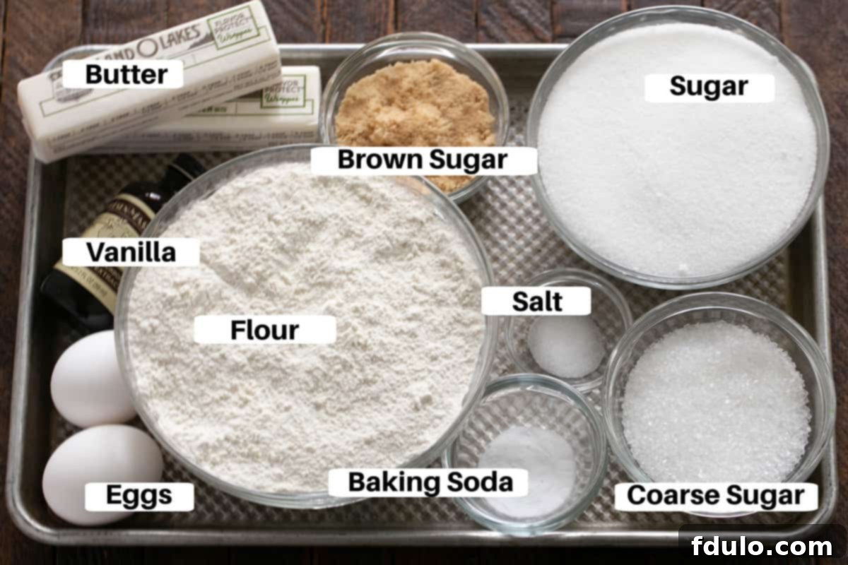 Giant Sugar Cookie Ingredients with labels on a metal sheet pan, ready for baking.