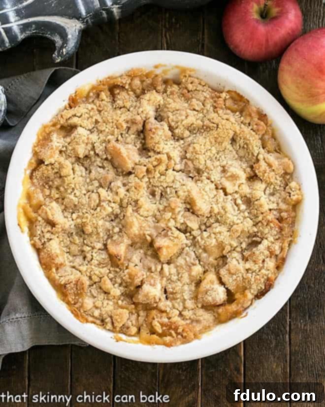 An overhead view showcasing the golden-brown crumble topping and bubbling apple filling of the Apple Crumble with Custard, baked to perfection in a white ceramic pie plate.