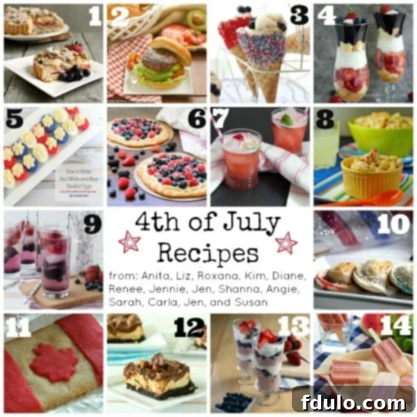 A festive collage of various Red, White, and Blue themed recipes perfect for 4th of July celebrations and summer parties.