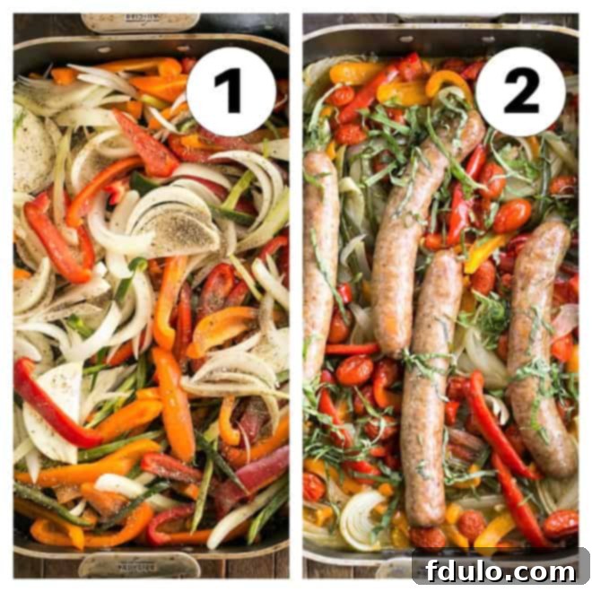 Process shots demonstrating how to prepare Sheet Pan Sausage and Peppers, from chopping to roasting, highlighting the simplicity of this flavorful meal.