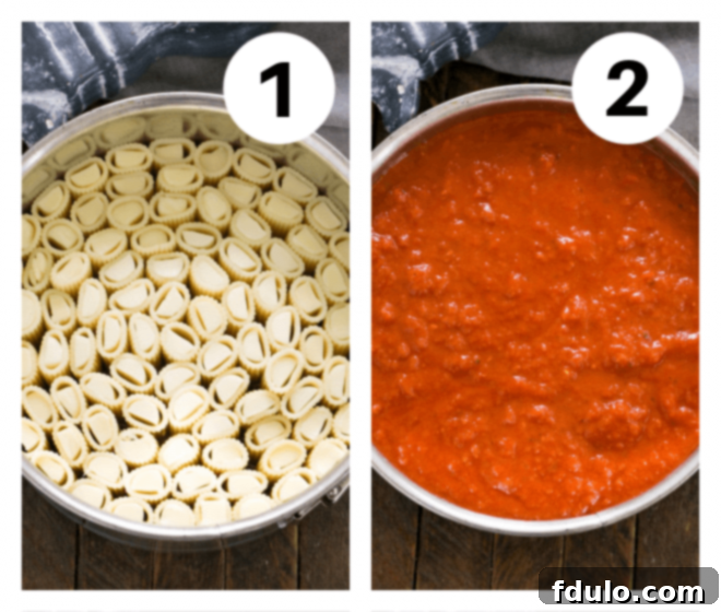 Rigatoni Process shots numbered 1, 2, showing pasta cooking and arrangement in a pan.
