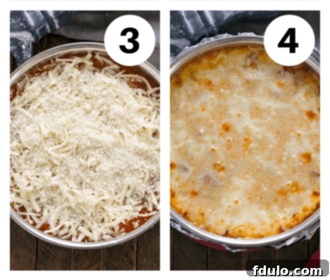 Rigatoni process shots numbered 3,4, showing sauce and cheese being added, and the final baked dish.