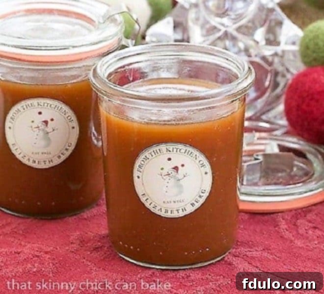 Easy Microwave Caramel Sauce featured image, showing a jar of rich, golden caramel sauce, perfect for homemade edible gifts.