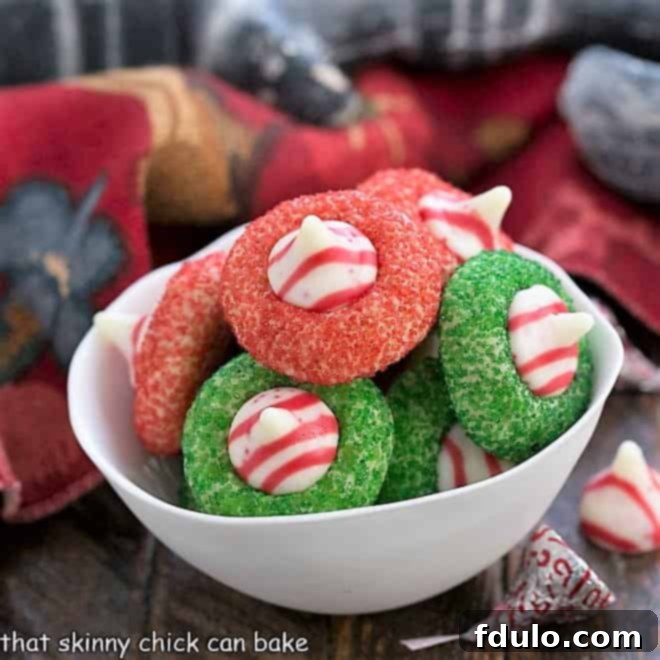 Easy Christmas cookies with a candy cane kiss in a white ceramic bowl