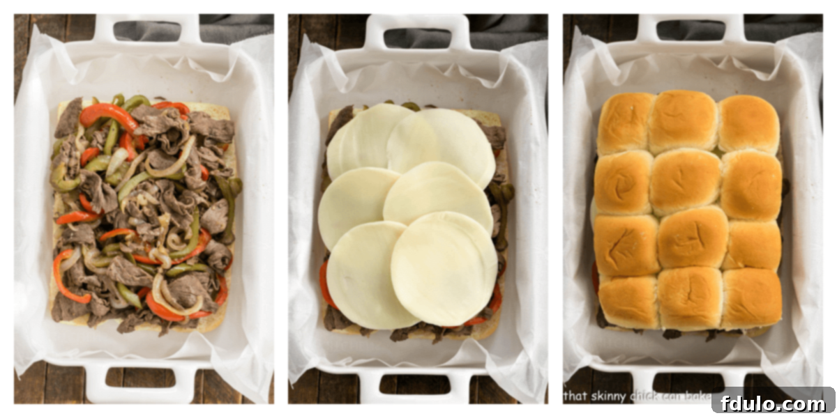 A collage of process shots showing the steps to make Philly Cheesesteak Sliders: sautéing vegetables, cooking steak, layering ingredients on buns, and brushing with butter topping.