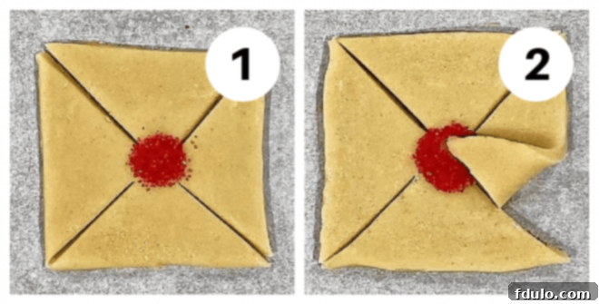Poinsettia cookies process shots numbered 1 and 2, showing cutting dough into squares and folding the first corner.