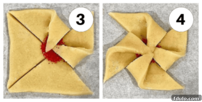 Poinsettia process shots numbered 3 and 4, illustrating the continuation of folding alternate points and sealing the center.