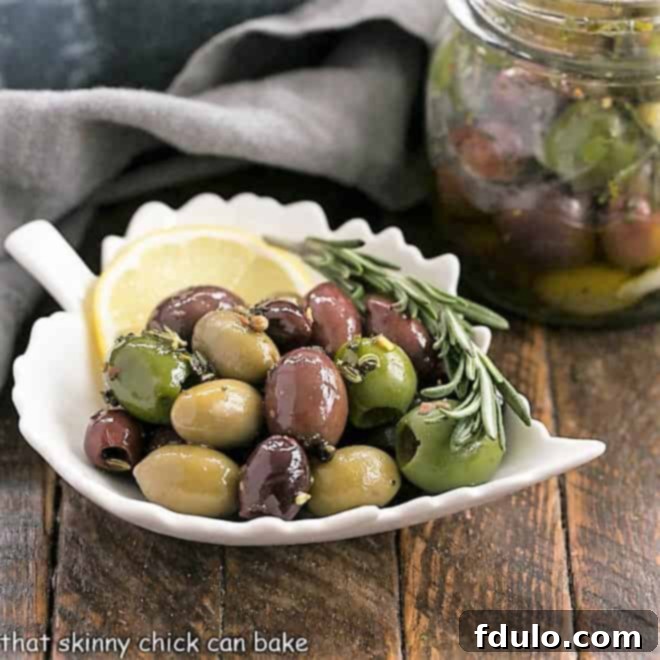French Herbed olives in a leaf dish, ready to be served
