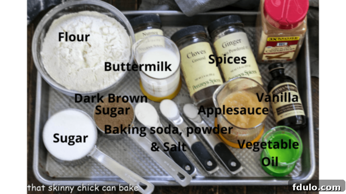Tray of labeled ingredients for a spice cake.