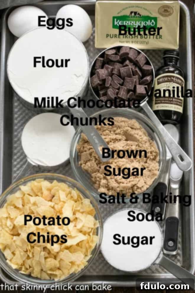 The Salty Sweet Chocolate Crunch Cookie 3 Chocolate Chunk Potato Chip Cookie ingredients labeled on a sheet pan, showcasing the quality components.