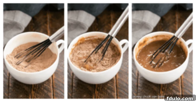 A series of three step-by-step images demonstrating the process of mixing chocolate mug cake ingredients: first, dry ingredients are whisked; second, wet ingredients are added; third, the batter is smoothly combined.