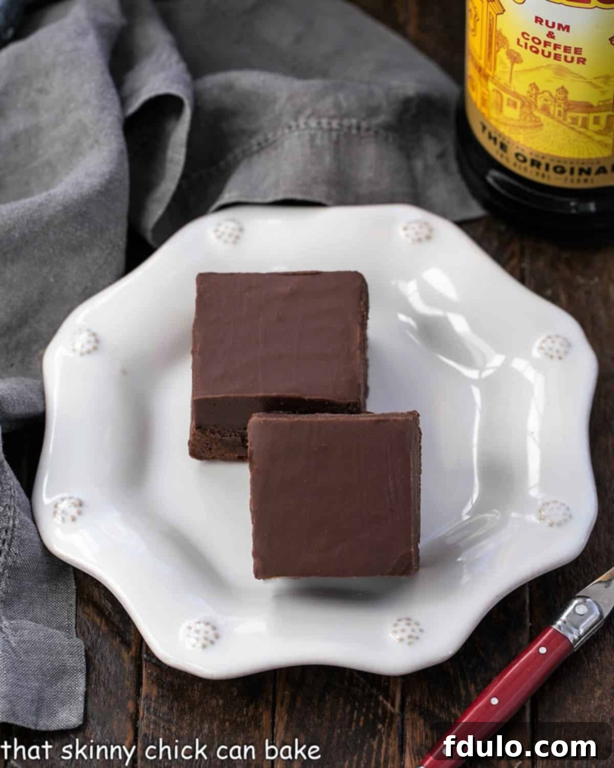 Overhead view of two squares of Kahlua fudge brownies.