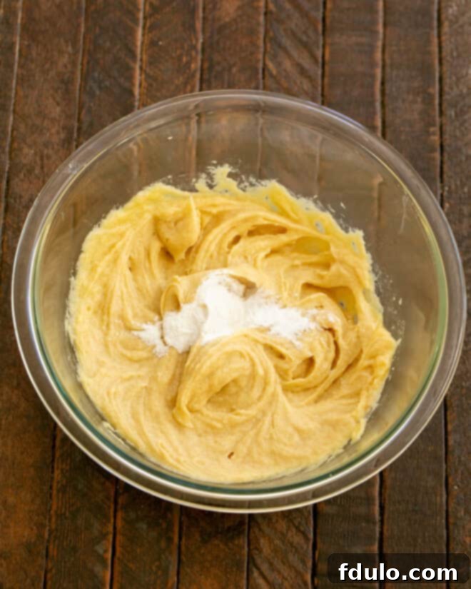 Step 3: Mix in vanilla, then baking soda and salt.